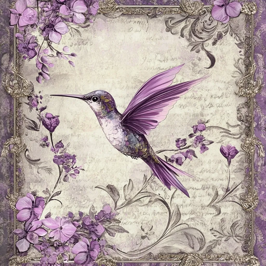 A vibrant purple hummingbird takes center stage in this artistic depiction.  Its wings are outstretched in mid-flight against a textured, antique-style background featuring delicate purple flowers and ornate,  gilded frame. The overall aesthetic blends vintage charm with the beauty of nature, creating a serene and elegant image.  The color palette is predominantly shades of purple and gray, contributing to a sophisticated mood.