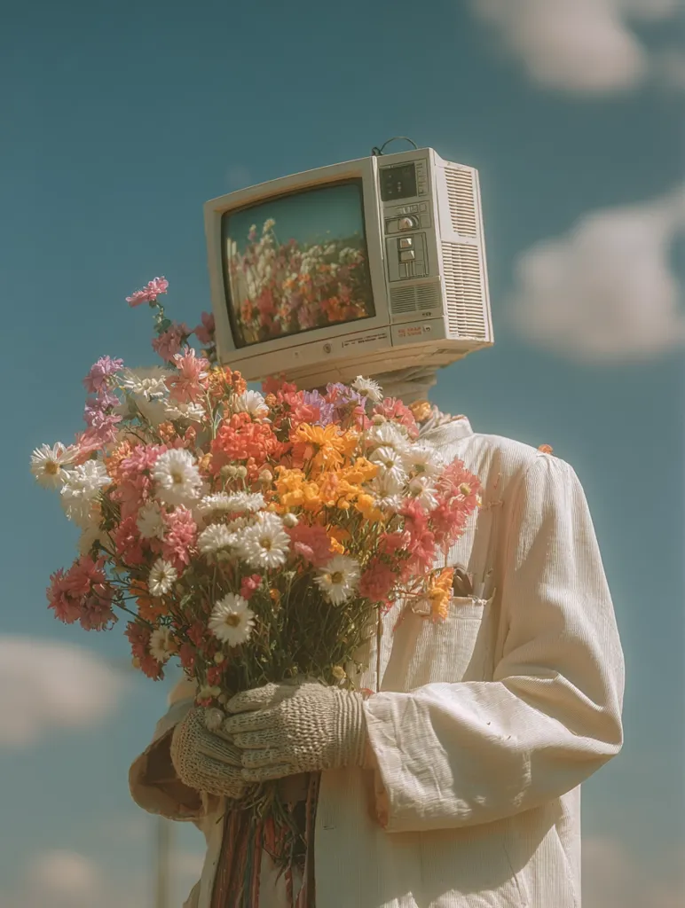 A whimsical image depicts a figure with a vintage television for a head, holding a vibrant bouquet of wildflowers.  The figure wears a light beige, long-sleeved garment.  The overall aesthetic is nostalgic and dreamy, with a soft, retro color palette and a clear blue sky as a backdrop.  The flowers are the focal point, contrasting beautifully with the technological element of the television.