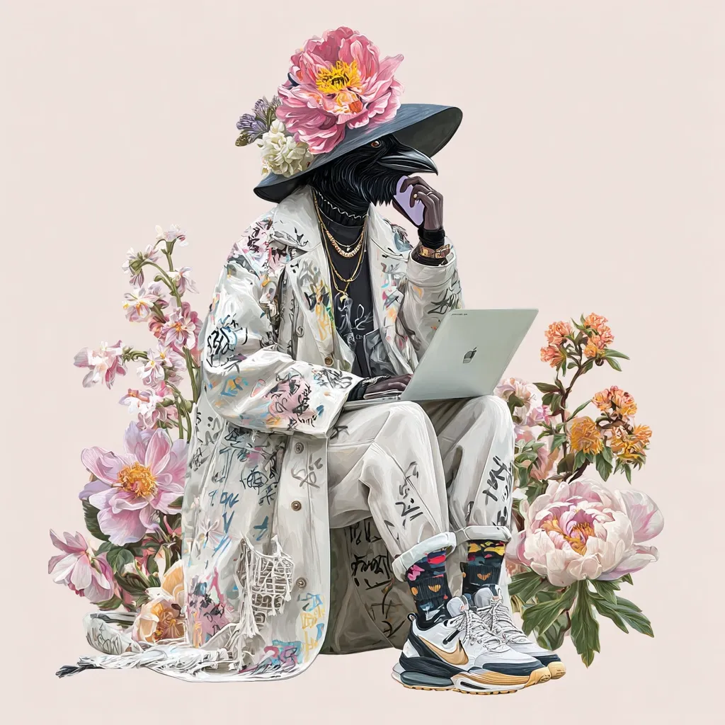 A stylized illustration depicts a raven in human clothing.  The raven, wearing a wide-brimmed hat adorned with pink peonies, sits amidst blooming flowers.  It's dressed in a graffiti-splattered coat and light-colored pants, using a laptop and holding a cell phone.  The overall aesthetic is a blend of high fashion and surrealism, with a focus on vibrant colors and detailed textures.