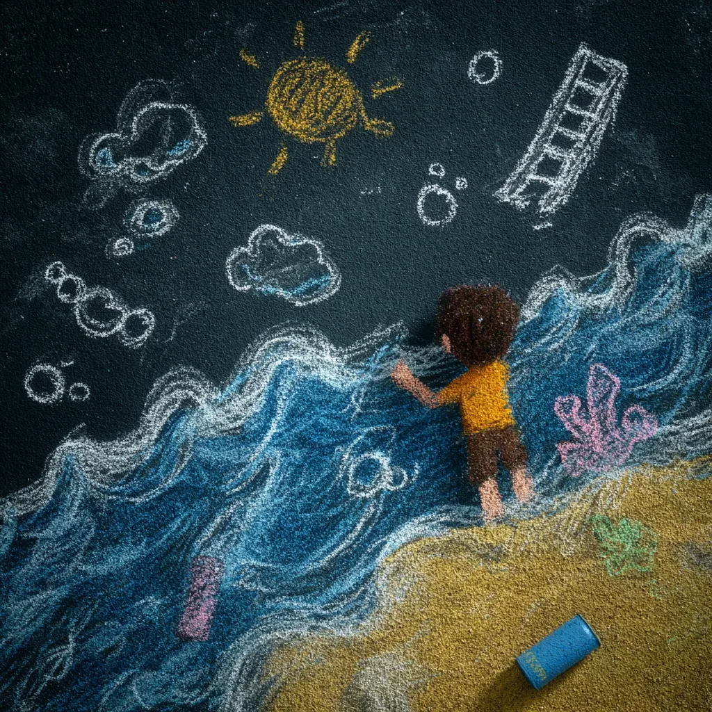 A child's chalk drawing depicts a sunny beach scene on a dark surface.  Ocean waves crash gently onto a sandy shore, complete with a sun, clouds, and a broken ladder. A small figure stands at the water's edge, seemingly interacting with the artwork.  A discarded chalk canister lies nearby, adding to the whimsical nature of the scene.  The colors are vibrant, and the texture of the chalk is evident.