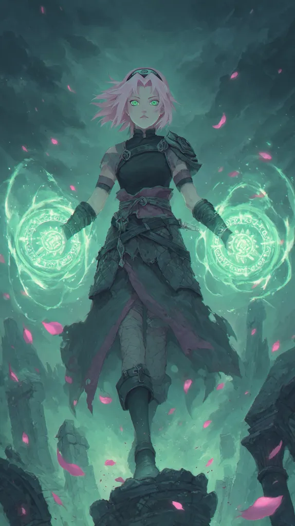 A striking digital painting depicts Sakura Haruno, from Naruto, in a dark, fantasy-inspired outfit.  She stands amidst crumbling ruins, ethereal green energy swirling in her hands. Pink petals drift through the misty, teal atmosphere, creating a haunting yet powerful scene.  Her expression is serious, conveying strength and determination. The overall style is dark fantasy with anime influences.