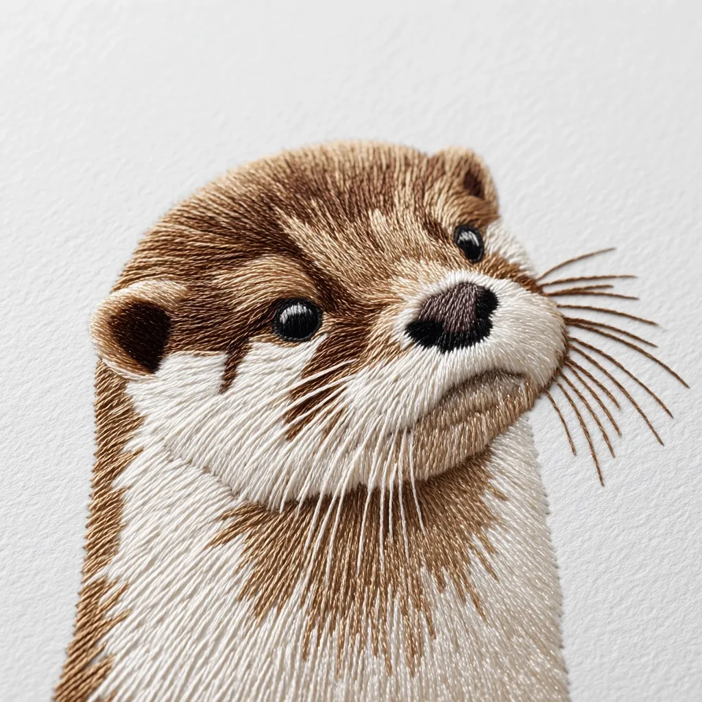 A meticulously detailed embroidery depicts the head and shoulders of an otter.  The artist has used a variety of stitches to create a lifelike texture, replicating the otter's fur with remarkable precision.  The otter's expressive eyes and delicate whiskers are particularly striking, highlighting the skill and artistry involved in the piece. The background is a simple, off-white fabric, allowing the otter to be the focal point.