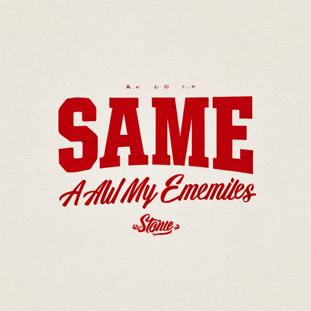 The image features a design with the word "SAME" in large, bold, red, uppercase letters, styled with a vintage, varsity-style font. Below it, in a smaller, stylized script font, it reads "A All My Enemiles" followed by "Stoue" in quotation marks at the bottom. The background is a textured, off-white canvas.  The overall aesthetic is retro and slightly edgy.