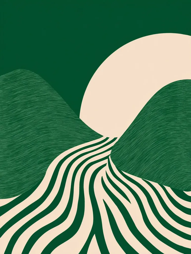 An abstract landscape artwork features a cream-colored background with stylized, textured green hills.  A central, striped valley, in shades of cream and deep green, flows between the hills, creating a sense of movement and depth.  The overall style is minimalist and evokes a calm, natural feeling. The color palette is limited, emphasizing the contrast between the warm cream and cool green tones.