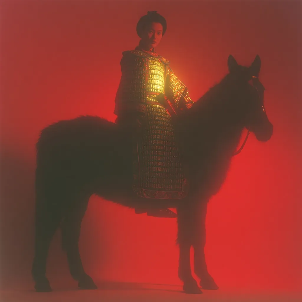 A young woman, possibly of Asian descent, sits astride a dark horse against a vibrant red backdrop. She is dressed in a golden, ornate armor-like garment, suggesting a warrior or historical figure. The lighting casts a dramatic silhouette, highlighting the rich texture of her attire and the horse's form. The overall mood is one of power and mystique.