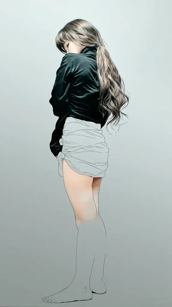 A stylized illustration depicts a woman from behind, her long brown hair cascading down her back. She's dressed in a dark, collared shirt and a light-colored, gathered skirt.  The lower half of her body is rendered in a sketched, incomplete style, contrasting with the detailed upper half. The overall aesthetic is minimalist and somewhat melancholic.