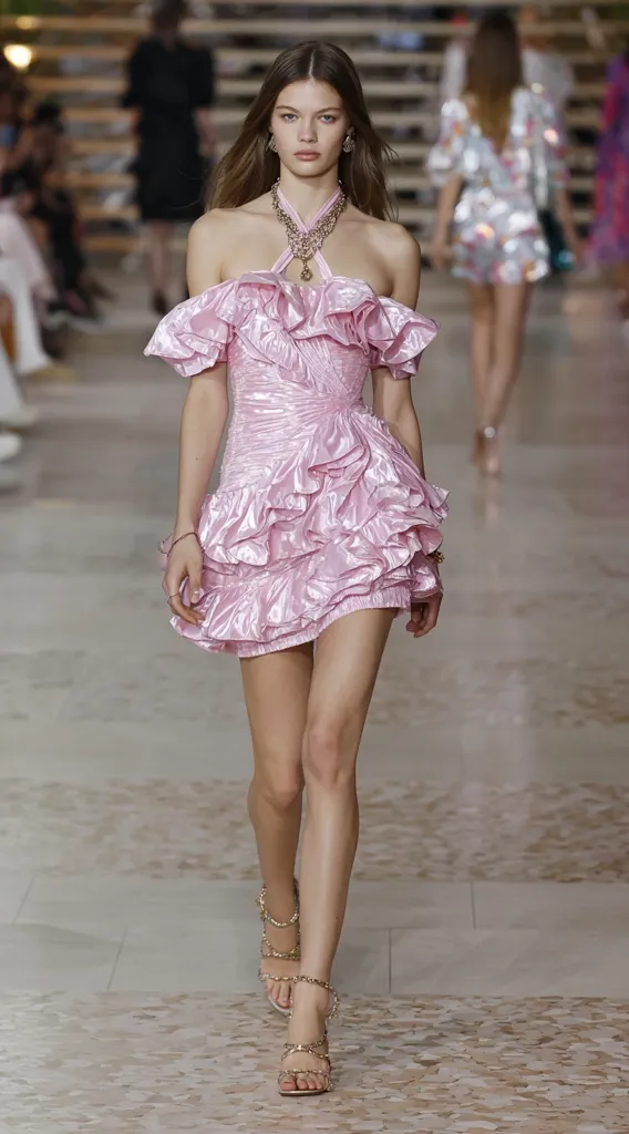 A model walks the runway in a ruffled, light pink mini dress. The off-the-shoulder dress is layered with ruffles and cinched at the waist. She accessorizes with a layered gold necklace and strappy gold heels.  Her hair is styled in loose waves. The overall look is feminine and romantic.