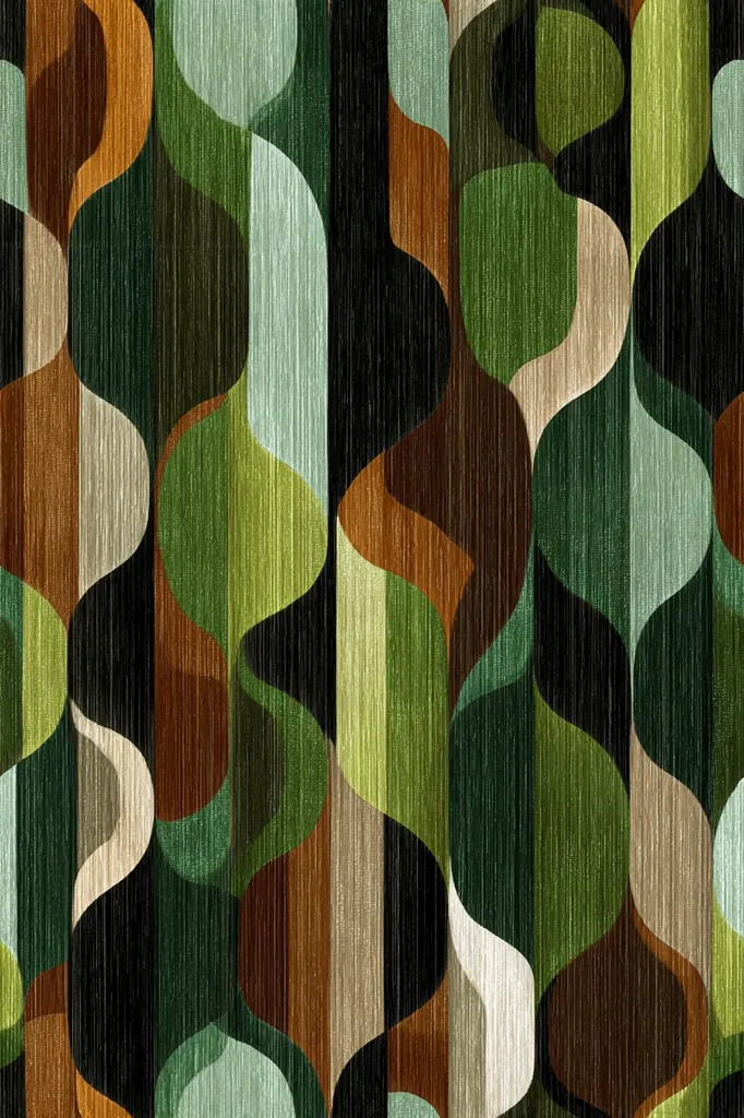 The image showcases a seamless textile pattern featuring a mid-century modern design.  Vertical, textured stripes in shades of green, brown, and beige are interwoven with curving, organic shapes.  The color palette evokes a natural, earthy feel, while the geometric shapes create a sense of rhythm and movement.  The overall effect is sophisticated and retro.