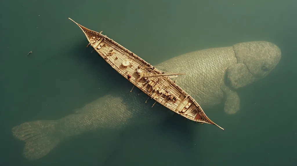 An aerial view shows a long, narrow wooden boat floating on dark green water.  Below the surface, a massive, light brown creature resembling a giant fish or sea mammal is visible, its body extending almost the entire length of the boat. The scene is serene and somewhat surreal, creating a striking contrast between the vessel and the underwater giant.