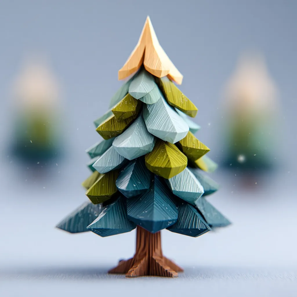 A stylized Christmas tree crafted from wood stands in the foreground, its branches painted in teal and olive green, accented by a pale yellow top.  The tree exhibits a low-polygonal design, giving it a modern, geometric feel.  Blurred, out-of-focus trees in similar colors create a soft, wintry backdrop.  A subtle dusting of snow is visible, enhancing the festive atmosphere.