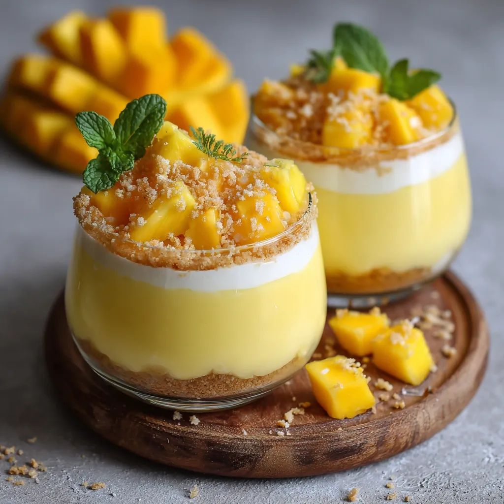 Two elegant mango desserts are showcased in clear glasses.  Layered with a creamy yellow custard, a crunchy crumble topping, and fresh mango chunks, they are garnished with mint leaves.  The desserts rest on a rustic wooden board, accompanied by additional mango slices.  The scene is beautifully lit, highlighting the vibrant colors and textures of this delicious-looking treat.