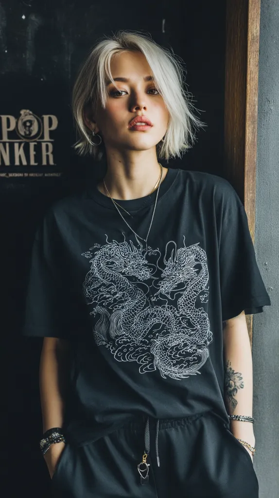 A young woman with short, platinum blonde hair stands against a dark background. She wears a black oversized t-shirt featuring a white line drawing of two dragons.  Her dark clothing includes matching black sweatpants.  She accessorizes with simple necklaces and bracelets. The overall style is edgy and minimalist.