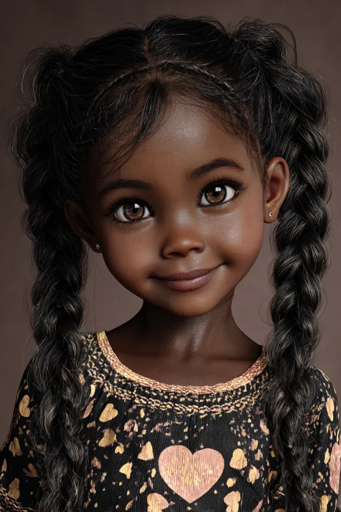 A digital rendering of a young Black girl with long, braided hair.  She has large, expressive brown eyes and a sweet smile.  She's wearing a dark-colored dress adorned with gold heart patterns. The image is highly realistic, showcasing detailed features and textures.  Her skin tone is rich and her expression is charming.