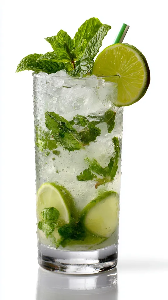 A refreshing mojito cocktail is showcased in a highball glass.  Filled with ice, muddled mint leaves, and lime wedges, the drink is garnished with a lime wheel and fresh mint sprigs.  Condensation clings to the cold glass, enhancing its visual appeal.  A green straw adds a final touch to this vibrant, icy beverage.