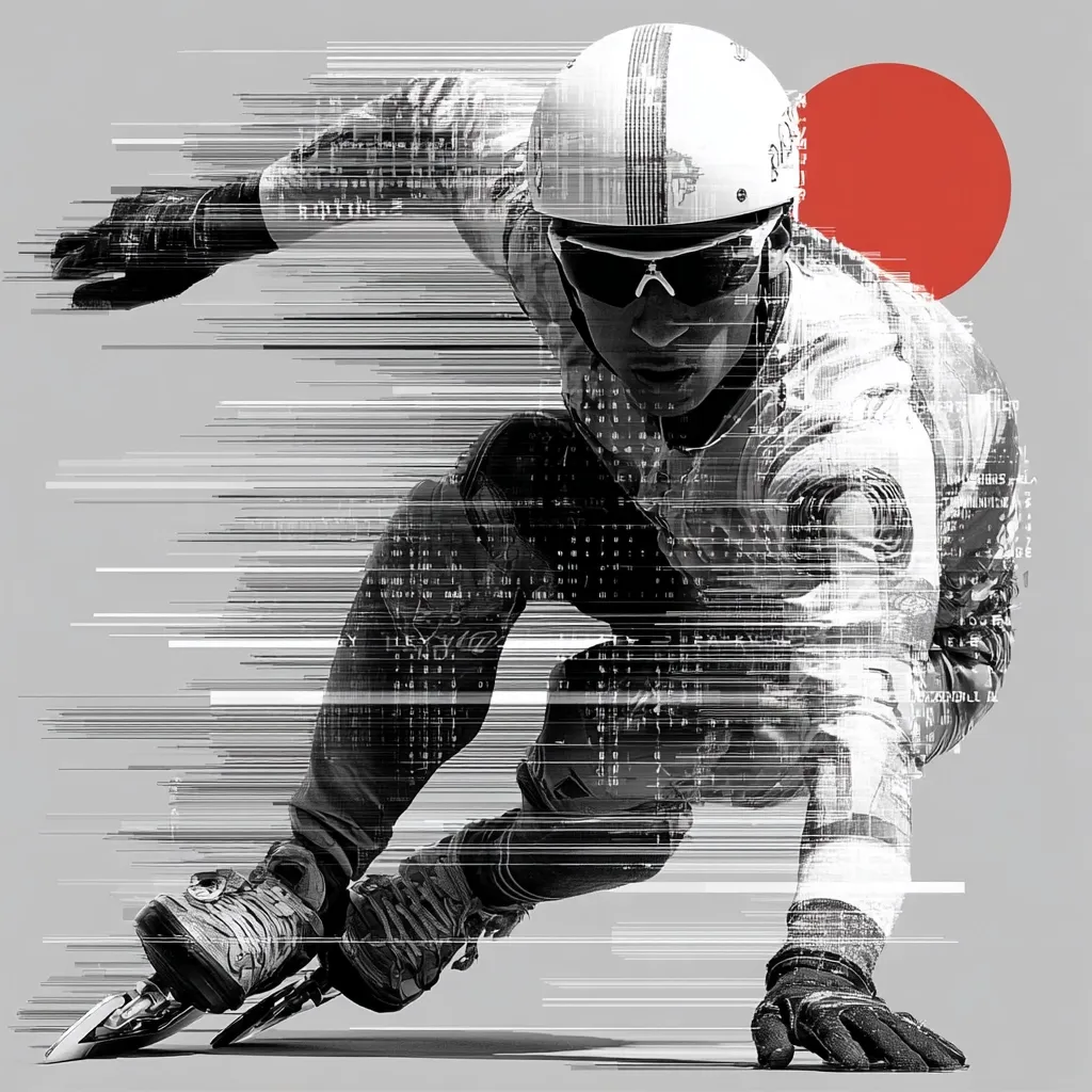 A dynamic black and white image depicts a speed skater in motion, captured with a motion blur effect.  The skater's form is overlaid with streaks of data, suggesting speed and technology. The skater wears a helmet and protective gear.  A red circle is visible in the background, adding a pop of color to the predominantly grayscale image. The overall effect is one of energy and high-tech athleticism.