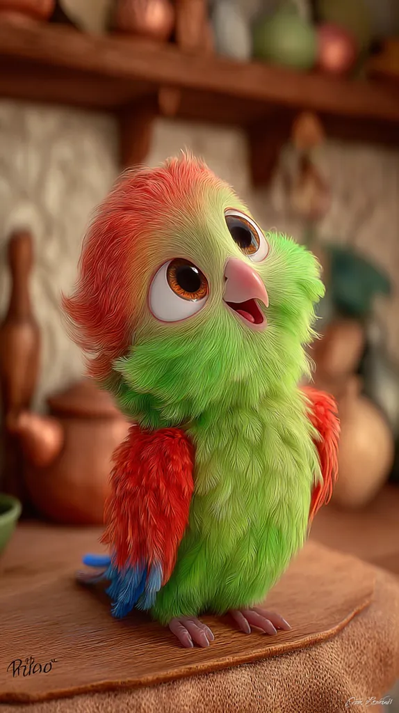 A charming, digitally rendered baby parrot is depicted.  Its plumage is a vibrant mix of green, red, and blue, appearing incredibly soft and fluffy.  Large, expressive eyes and a cheerful expression enhance its adorable appearance. The setting is a rustic kitchen, with pottery and wooden shelves blurred in the background, focusing attention on the fluffy bird.