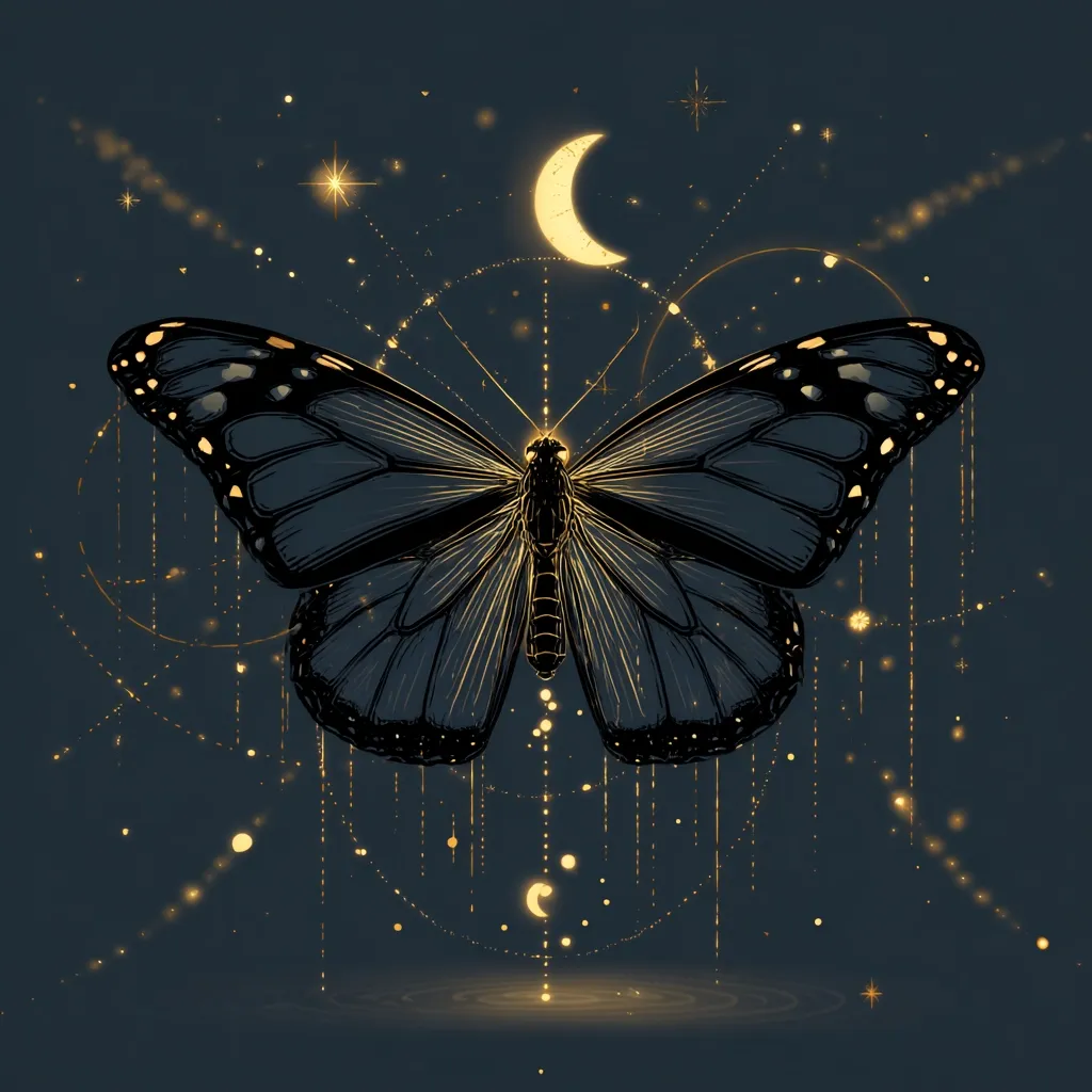 A majestic dark-winged butterfly takes center stage against a deep blue backdrop.  Golden celestial elements—a crescent moon, stars, and shimmering lines—surround it, creating a mystical, ethereal atmosphere.  The intricate details of the butterfly and the elegant design suggest a magical, otherworldly scene, possibly symbolic of transformation or dreams.