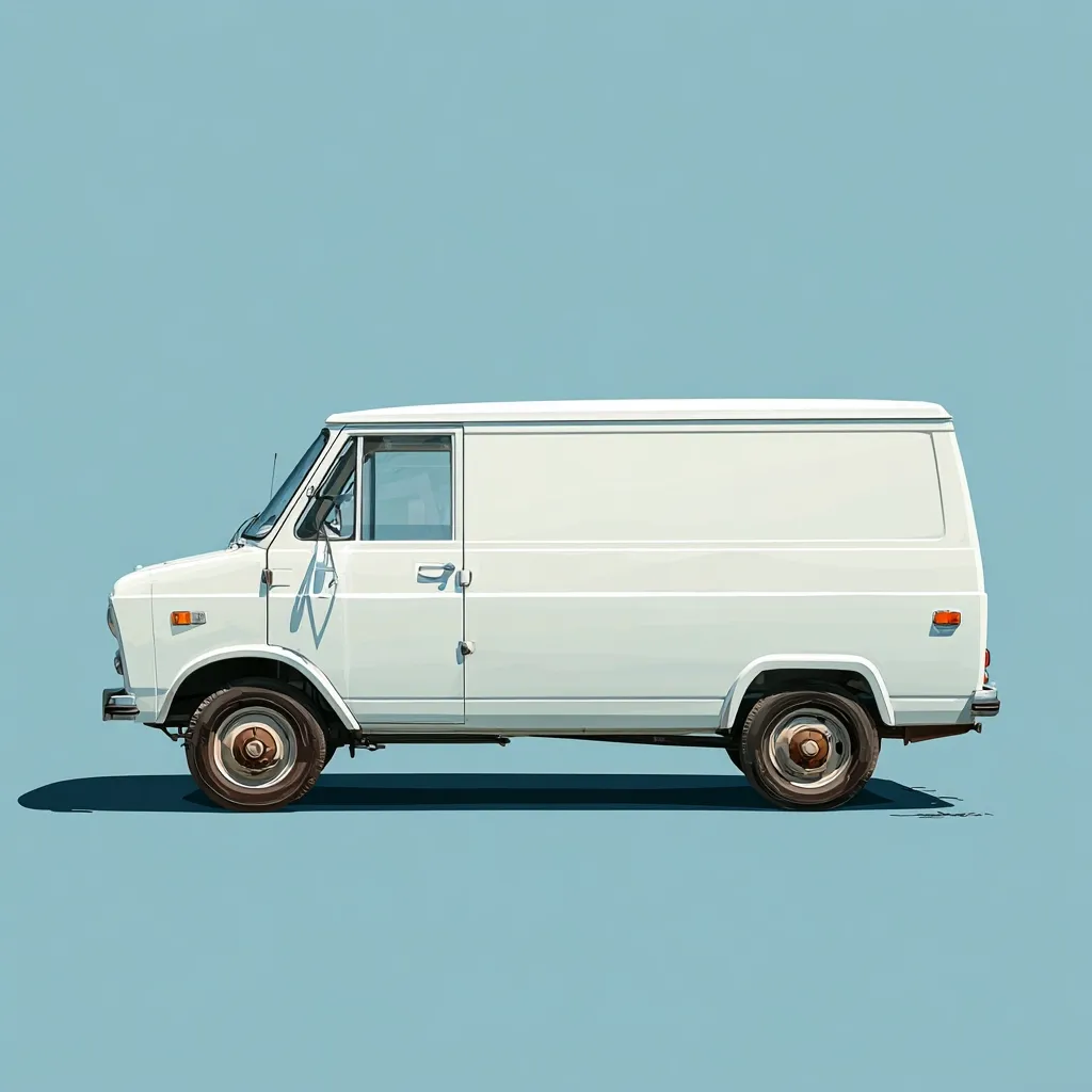 A profile view of a vintage white panel van is shown against a light blue background.  The van is illustrated in a clean, minimalist style, with a focus on its shape and form.  Its solid, boxy design and slightly worn tires suggest age and utility. The image evokes a sense of nostalgia and simplicity.