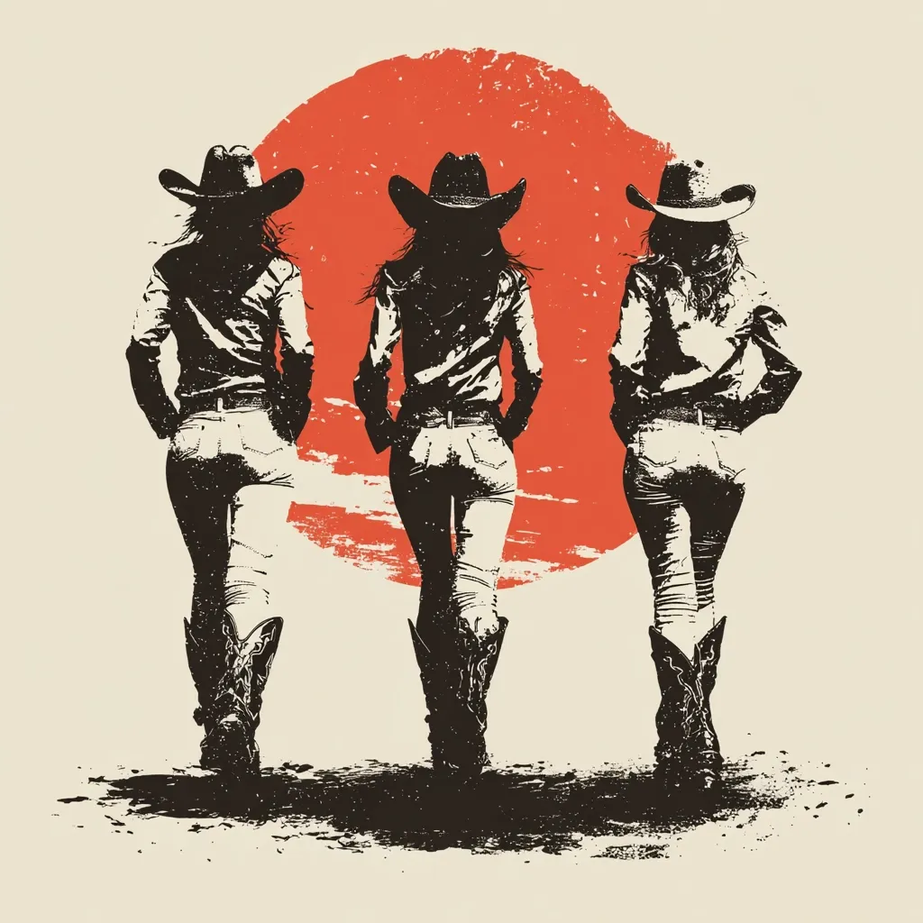 Three women, viewed from behind, stride confidently in cowboy hats and boots against a large, textured red sun. Their silhouette style and back poses create a powerful, unified image.  The setting suggests a western landscape, emphasizing strength and independence. The artwork uses a grunge aesthetic, adding to its rugged appeal.