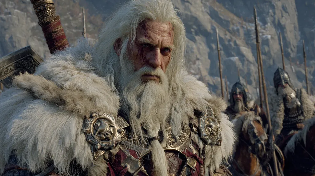A grizzled, elderly warrior with long white hair and beard dominates the foreground.  He wears a thick fur cloak and ornate metal armor, a large warhammer strapped to his back.  Behind him, a line of similarly equipped warriors on horseback are visible against a rocky mountain backdrop, suggesting a scene of battle or military readiness.  The overall aesthetic is one of harsh, northern landscapes and formidable military power.