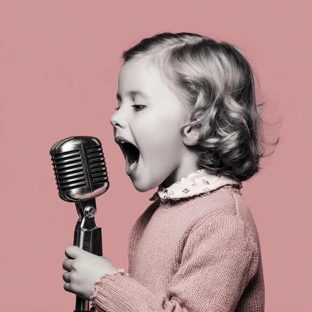 A young girl with curly hair, dressed in a pink sweater, sings enthusiastically into a vintage microphone.  Her mouth is wide open, showcasing her joyful expression.  The image is predominantly black and white, with a pinkish background, creating a retro feel.  The scene evokes a sense of childhood innocence and the passion of performance.