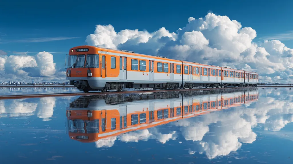 A long orange and white passenger train travels across a flat, reflective surface, mirroring the train and a vibrant blue sky dotted with fluffy white clouds.  The scene is serene and picturesque, suggesting a calm and peaceful journey. The reflection is nearly perfect, creating a visually stunning double image.