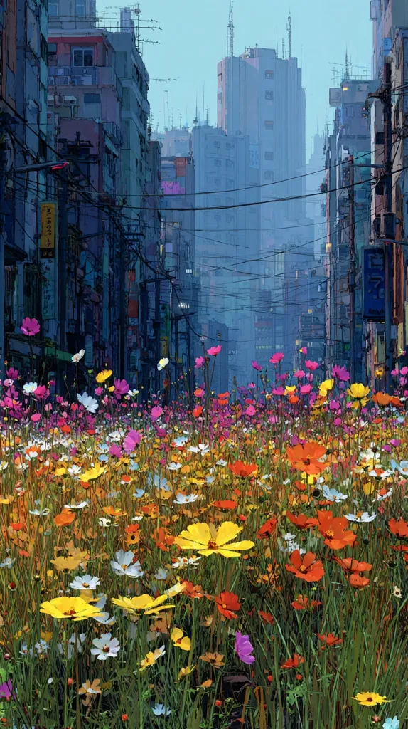 A vibrant field of wildflowers blossoms between tall, slender buildings in a city street.  The buildings are a muted blue-grey, their lines sharp against the colorful flowers.  Power lines stretch overhead, adding to the urban landscape. The scene evokes a feeling of surprising beauty amidst a dense cityscape, possibly inspired by Asian architecture.  The overall mood is serene yet slightly surreal.