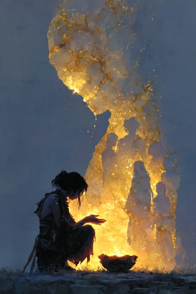 A solitary woman, cloaked in shadow, kneels before a small fire.  Behind her, shimmering figures emerge from the flames, their forms indistinct yet present.  The scene is evocative of memory, loss, or perhaps a mystical connection between the living and the departed.  The warm glow of the fire contrasts with the cool twilight hues, creating a poignant and ethereal atmosphere.