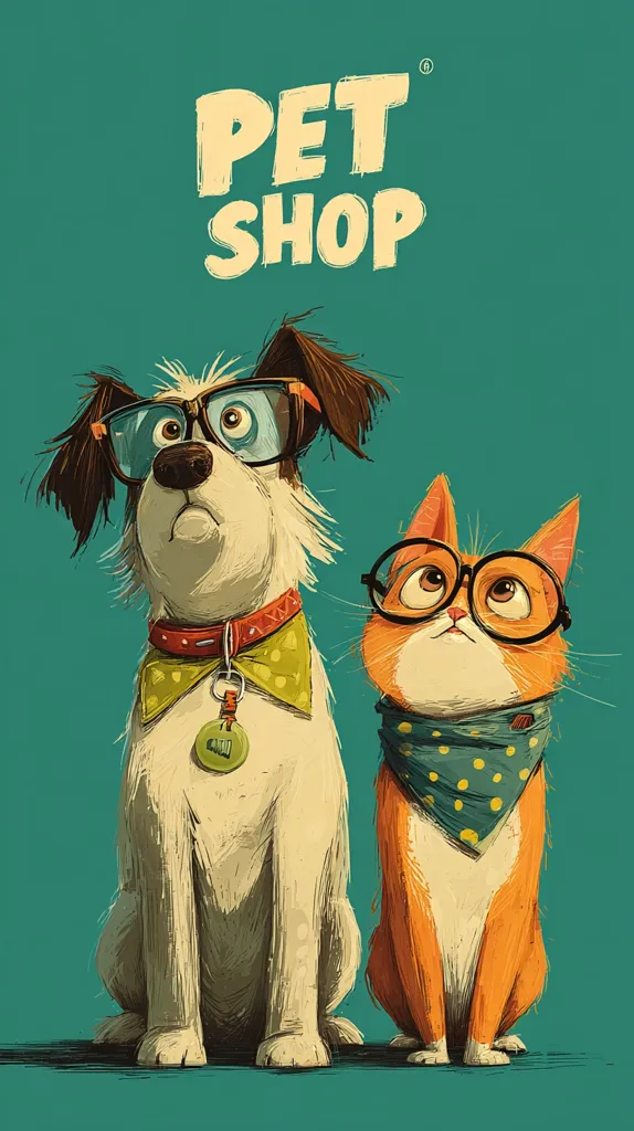 A whimsical illustration for a pet shop.  A dog and cat, both wearing glasses and stylish neckwear, sit side-by-side. The dog, a scruffy terrier mix, sports a bow tie, while the orange cat wears a polka-dotted bandana.  The teal background features the words "PET SHOP" in a playful, vintage-style font. The artwork is charming and evokes a sense of fun.