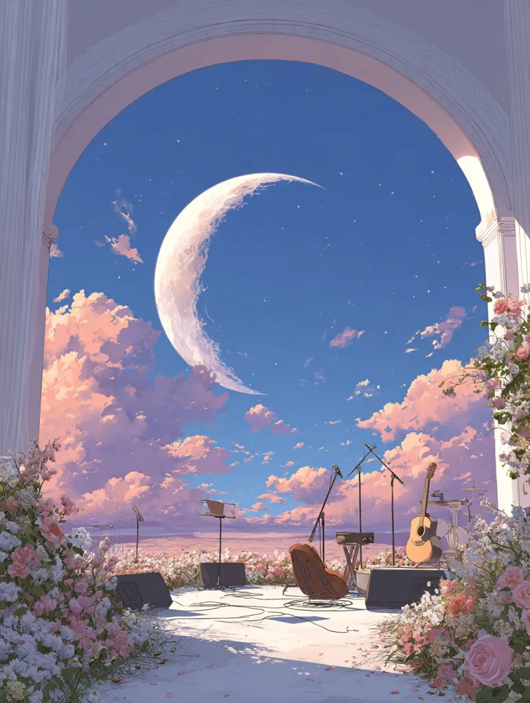 A crescent moon hangs in a pastel sky above a serene outdoor stage.  Pink and white flowers frame the scene, which is viewed through a classical archway.  Microphones, a guitar, and an empty chair await a performance under the dreamy, ethereal sky. The overall atmosphere is peaceful and romantic.