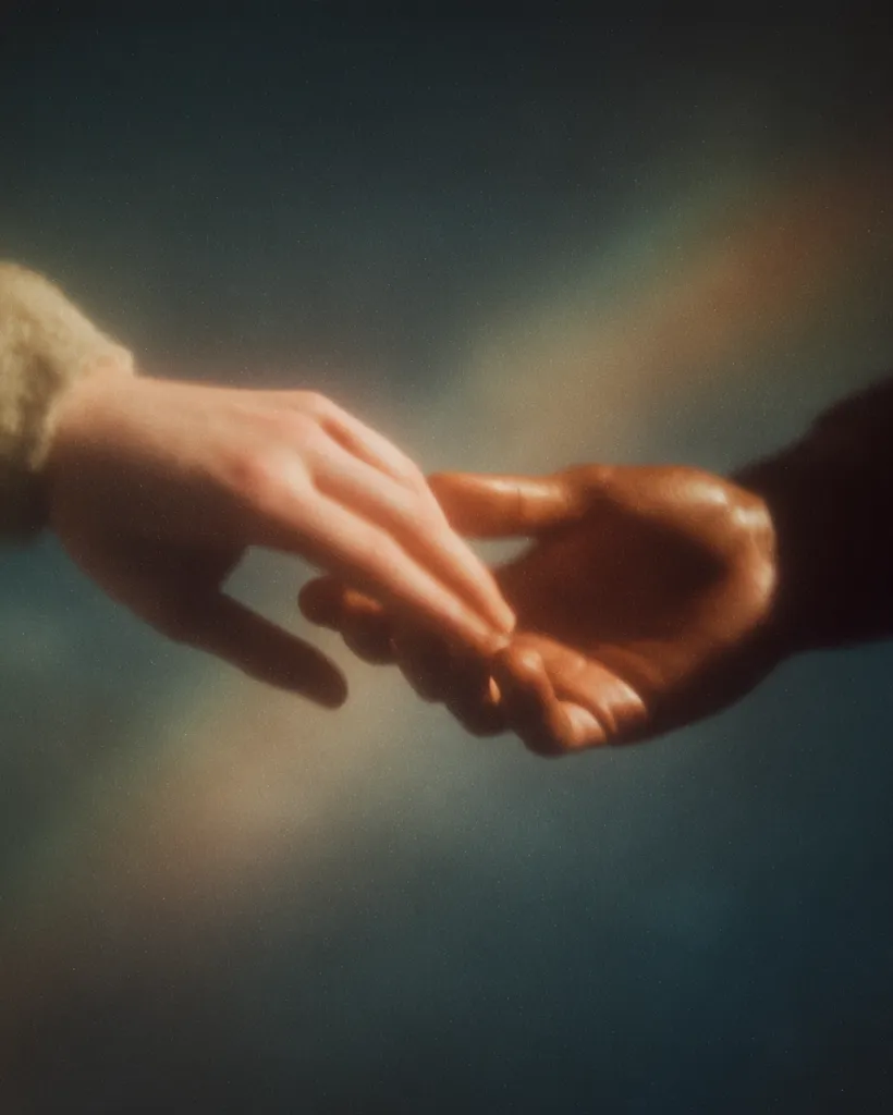Two hands reach out and gently touch, their fingertips brushing against each other.  The skin tones contrast, one light and the other dark, symbolizing unity and connection.  A soft, ethereal glow surrounds the hands, creating a dreamlike atmosphere. The image evokes feelings of hope, togetherness, and shared understanding.