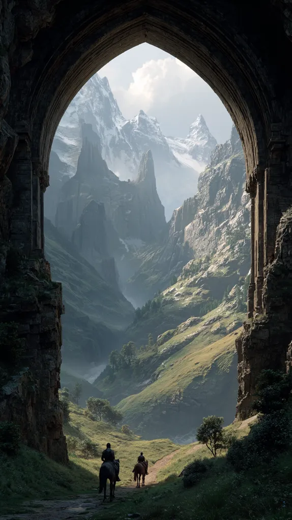 Two figures on horseback ride along a path framed by a stone archway.  Beyond the arch, a breathtaking vista unfolds: a valley nestled between imposing, snow-capped mountains. The scene is bathed in soft light, enhancing the dramatic contrast between the ancient stone structure and the rugged beauty of the natural landscape.  The overall atmosphere is serene and evocative of a journey through a mystical realm.