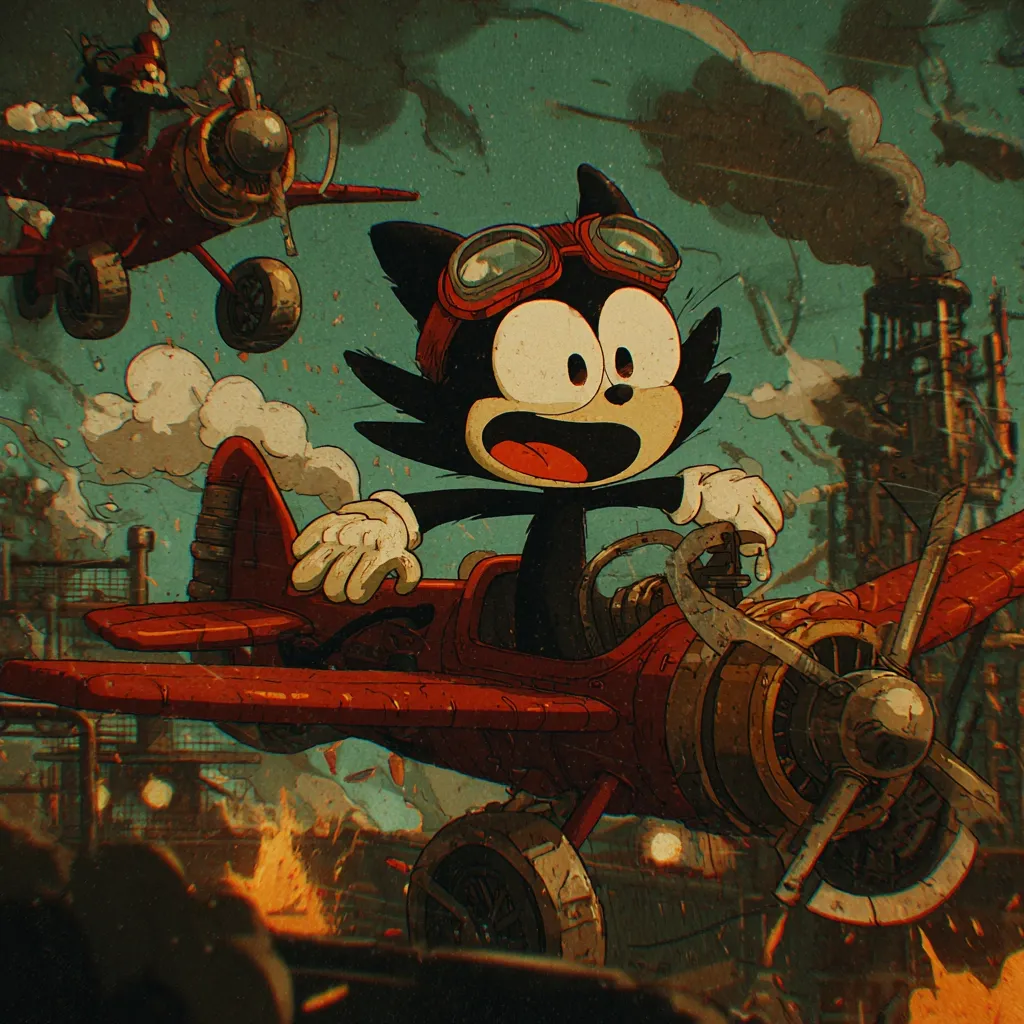 A cartoon cat, wearing goggles, joyously pilots a vintage red biplane.  Another plane flies overhead.  The backdrop depicts a war-torn industrial landscape with smokestacks and explosions, suggesting a thrilling aerial adventure set in a steampunk or retro-futuristic world. The art style is reminiscent of classic animation with a textured, grunge aesthetic.