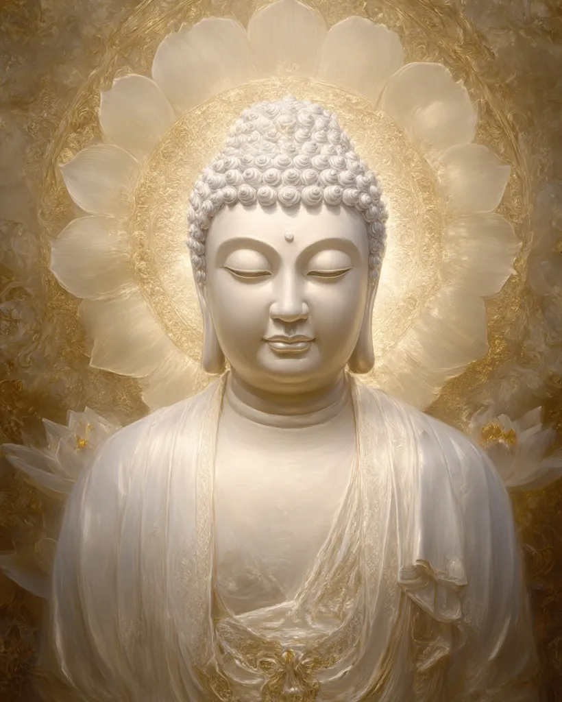A serene white marble Buddha statue is depicted, eyes closed in peaceful meditation.  The statue is adorned in flowing robes, and a golden halo of stylized lotus blossoms radiates behind it.  The image evokes a sense of calm and spiritual enlightenment, with soft lighting enhancing the statue's details and the overall peaceful ambiance.  The subtle gold accents add to the image's luminosity.