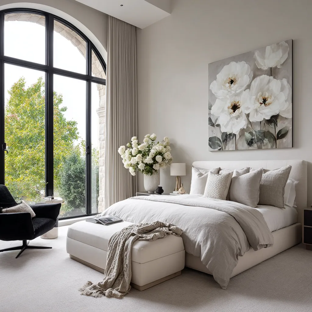 A serene bedroom features a large, arched window overlooking lush greenery.  A plush, light gray linen bed is dressed with soft pillows and a throw blanket.  A white ottoman sits at the foot of the bed.  A large floral painting in muted whites and grays hangs above the bed, complementing the room's calming palette.  A bouquet of white flowers adds a touch of freshness to the minimalist design.