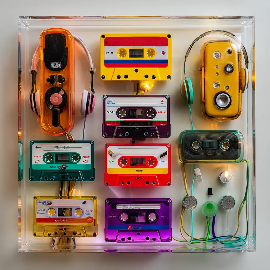 A colorful acrylic box displays a retro-themed artwork featuring cassette tapes and headphones.  Multiple vibrant colored cassette tapes, each with unique designs and labels, are arranged alongside two pairs of transparent headphones.  Tiny lights and wires add an element of playful circuitry to the piece, creating a nostalgic and visually striking composition. The overall aesthetic evokes a feeling of 80s or 90s music culture.