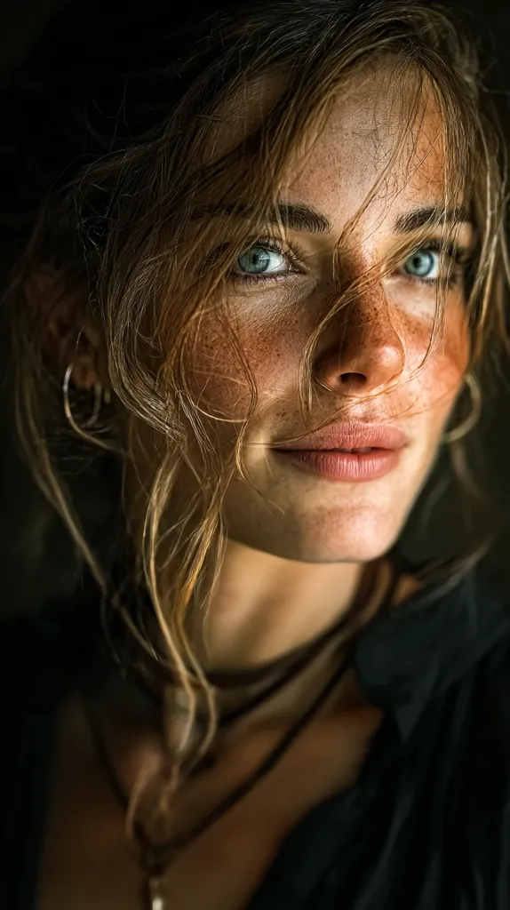 Close-up portrait of a young woman with windswept, light brown hair.  Her face is speckled with freckles, and her piercing blue eyes meet the camera directly.  She wears a dark top and simple necklaces. The lighting is dramatic, highlighting her features and creating a moody atmosphere.  Her expression is soft, almost pensive.