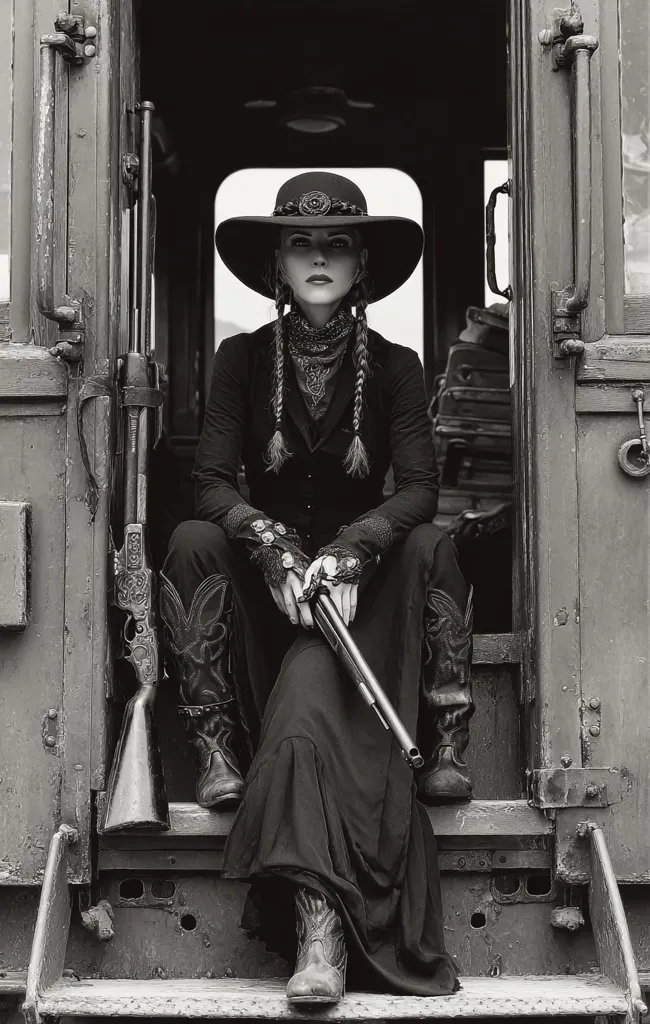 A woman in a black dress and wide-brimmed hat sits on the steps of an old train car, holding a long rifle.  She wears cowboy boots and braids her hair. The monochrome image creates a dramatic, Wild West atmosphere. The scene is stark and evocative of a classic Western film.  Her posture is strong and confident.