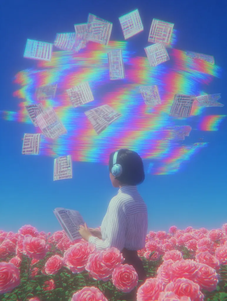 A woman wearing headphones sits amidst a field of pink roses, immersed in a vibrant, surreal landscape.  She holds a book or tablet, while iridescent, fragmented papers float above, creating a dreamy, otherworldly atmosphere.  The scene blends tranquility with a sense of digital information overload.