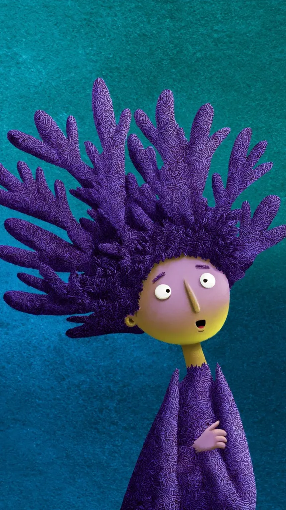 A stylized illustration depicts a character with vibrant purple, coral-like hair against a teal backdrop.  The character's face is surprised, with large eyes and an open mouth.  The clothing also mirrors the texture of the hair, suggesting a cohesive underwater theme. The overall style is whimsical and slightly surreal.