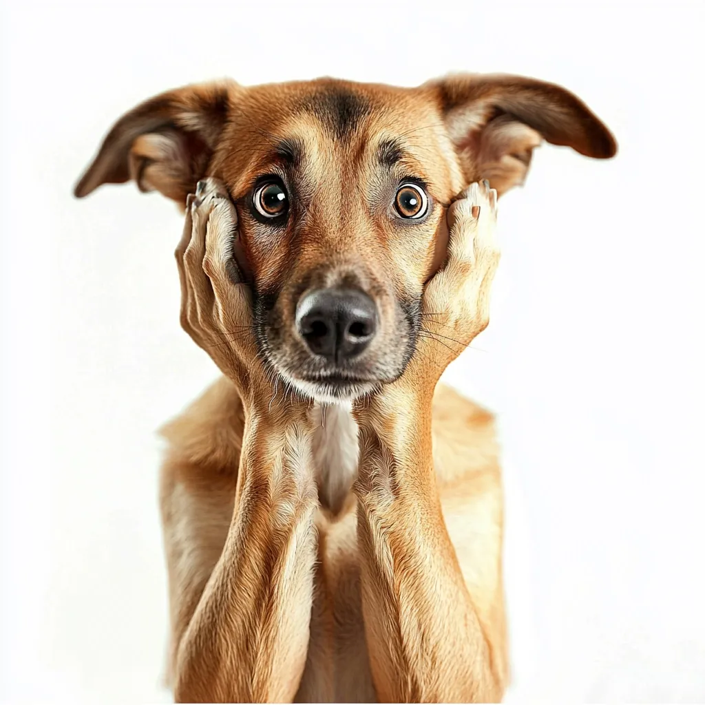 A light brown dog with big, expressive eyes sits against a white background, its paws raised to its face in a gesture of apparent worry or contemplation.  The dog's ears are slightly back, adding to its concerned expression. The image is humorously anthropomorphic, giving the dog human-like emotions.  The focus is sharp, highlighting the dog's detailed features and the texture of its fur.