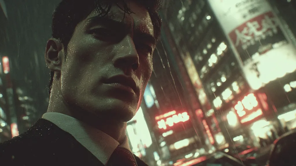 A close-up shot of a man's face, rain-slicked and serious, dominates the foreground.  He's dressed in a dark suit and tie, suggesting professionalism or perhaps a sense of mystery.  The background is a blurred cityscape at night, vibrant neon signs and rain-streaked windows creating a dark, atmospheric setting.  The overall mood is one of intrigue and suspense.