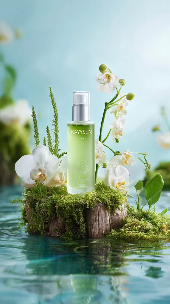 A bottle of KAYYSEN skin essence sits on a mossy log in a tranquil scene.  White orchids and lush greenery surround the bottle, which is partially submerged in clear water. The overall aesthetic is serene and natural, highlighting the product's purported purity and connection to nature. The light green hue of the essence complements the calming environment.