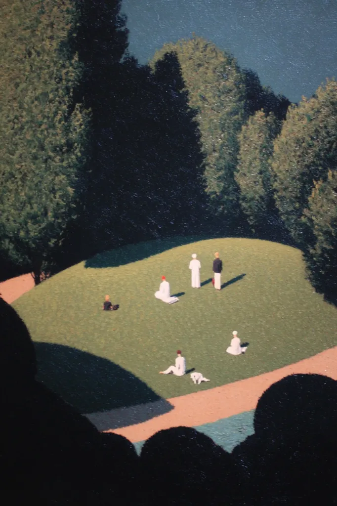 An aerial view of a verdant hill, populated by several figures in white robes and one in dark clothing.  They are sparsely distributed across the grassy knoll, near a small white dog.  The hill is nestled amidst a dense, dark forest, the trees' shadows cast prominently across the landscape. The overall style evokes a serene, almost dreamlike atmosphere.