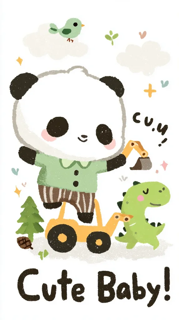A cute panda bear in green overalls operates a miniature yellow bulldozer, accompanied by a friendly green dinosaur.  A small bird sits atop a fluffy cloud in the background.  The scene is whimsical and childlike, with pastel colors and simple shapes. The words "Cute Baby!" are written at the bottom. The overall style is sweet and charming.