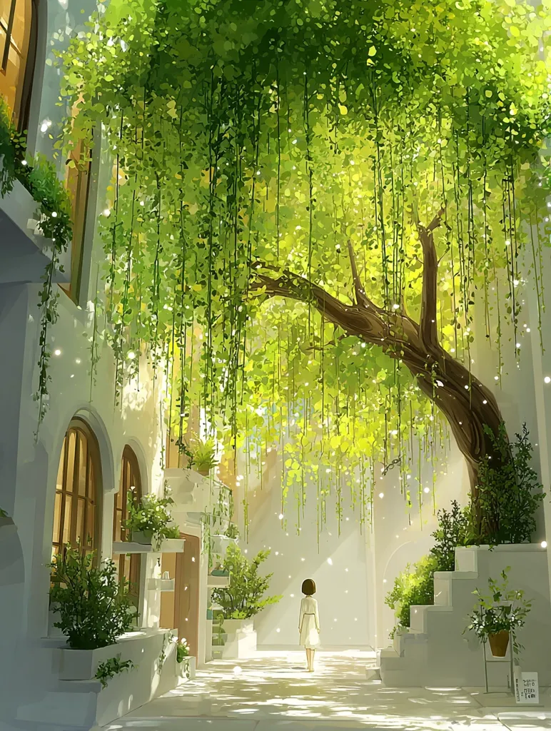 A serene digital painting depicts a sunlit alleyway canopied by a lush, weeping willow tree.  White buildings line the path, adorned with potted plants and window boxes overflowing with greenery.  A solitary figure in a white dress stands in the center, bathed in the dappled sunlight filtering through the leaves, creating a tranquil and dreamlike atmosphere.  The scene exudes peace and quietude.
