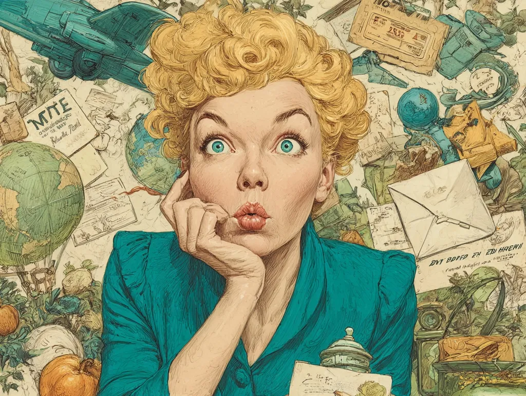 A stylized illustration of a blonde woman with wide, expressive eyes.  She rests her chin in her hand, appearing surprised or curious. She's surrounded by a chaotic collection of vintage travel items: postcards, globes, airplanes, and letters, suggesting a journey or a memory of travel.  The art style is reminiscent of vintage advertising or comic book illustrations, with a rich color palette and detailed textures.