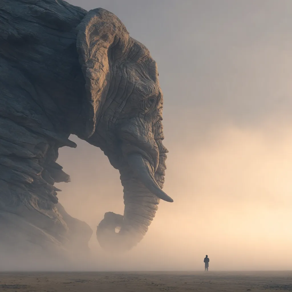 A colossal stone elephant, carved from a cliff face, dominates the foreground.  Misty air hangs low, partially obscuring the massive creature.  A lone, small figure stands in the distance, dwarfed by the immense scale of the elephant, creating a sense of awe and wonder. The scene is bathed in the soft light of dawn or dusk, enhancing the ethereal atmosphere.