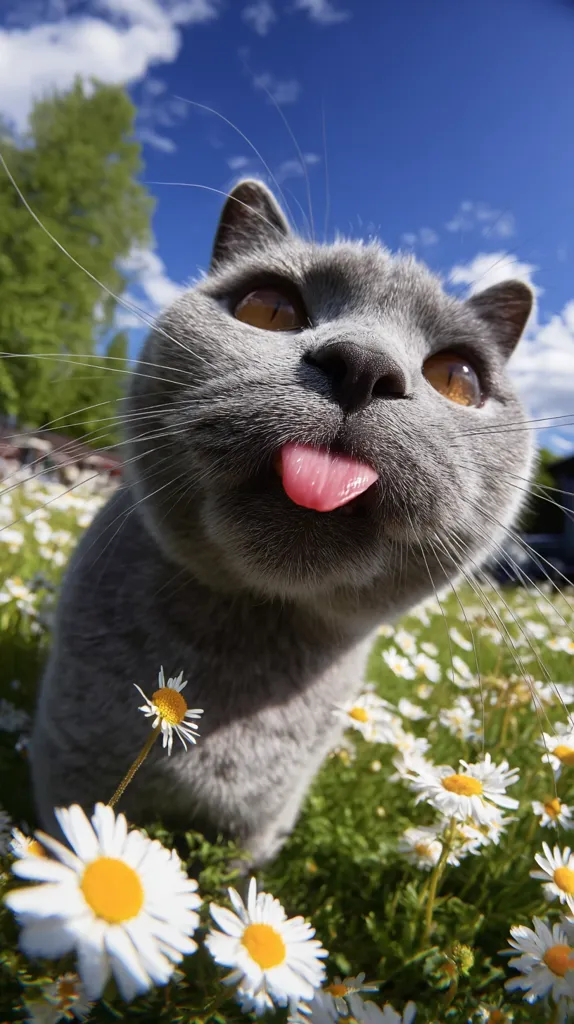 A grey British Shorthair cat with bright orange eyes playfully sticks its tongue out in a field of daisies.  The photo is taken from a low angle, creating a whimsical perspective against a bright blue sky. The cat's fur is soft and fluffy, contrasting with the delicate white petals of the flowers. The overall mood is cheerful and playful.