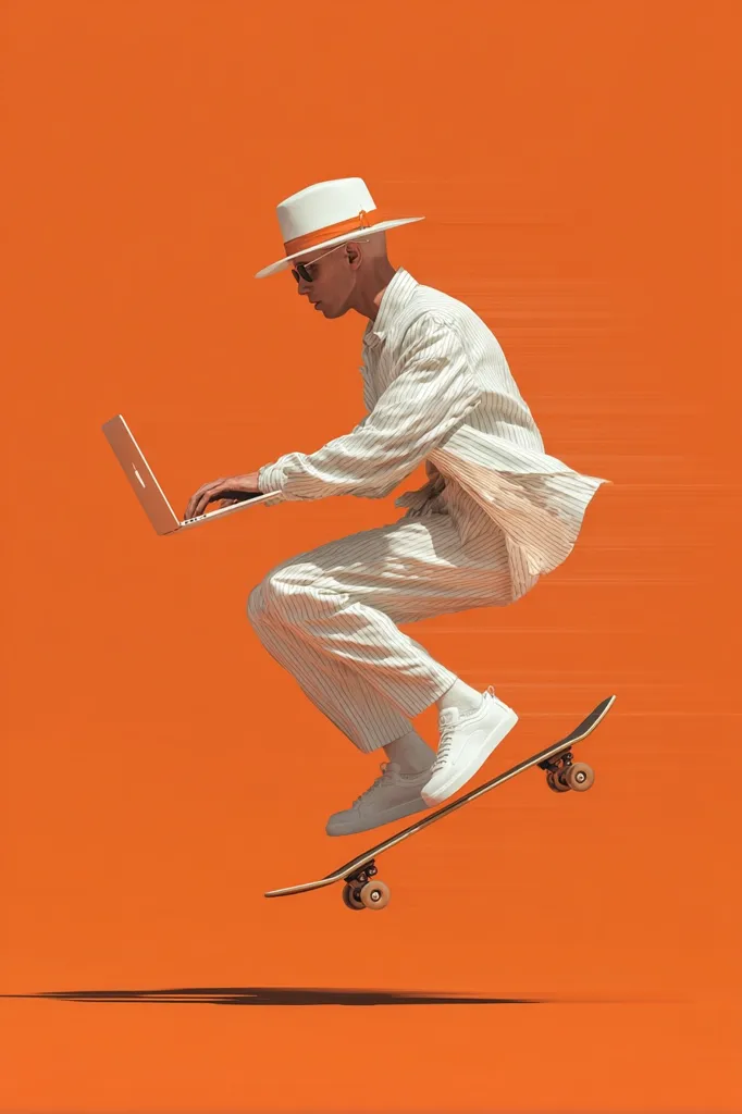 A stylishly dressed man in a white pinstripe suit and white hat effortlessly ollies on a skateboard against a vibrant orange backdrop. He's mid-air, working on a silver laptop, showcasing a blend of urban cool and modern work life. The image is clean, dynamic, and visually striking.